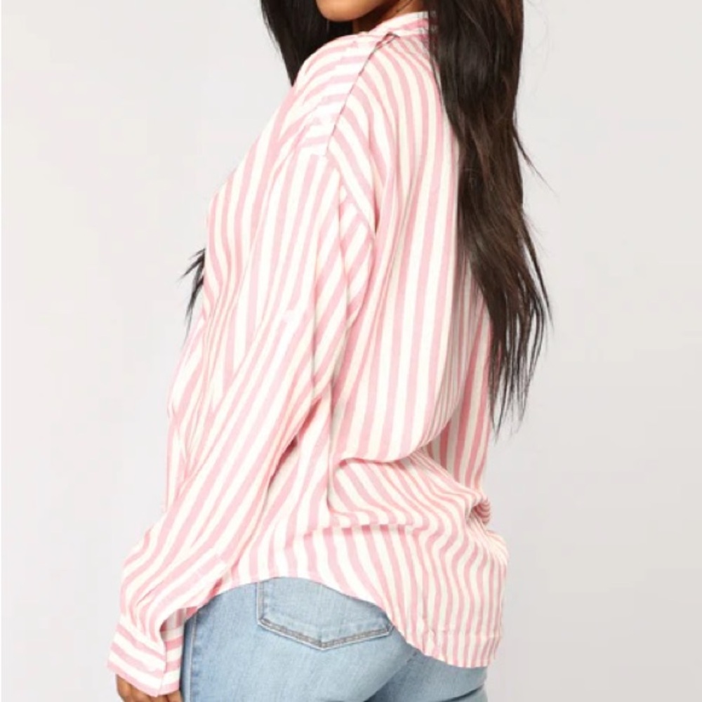 •Playin Games• Pink & White Stripe Relaxed Fit Oversized Long Sleeve Button-Down - Picture 2 of 7
